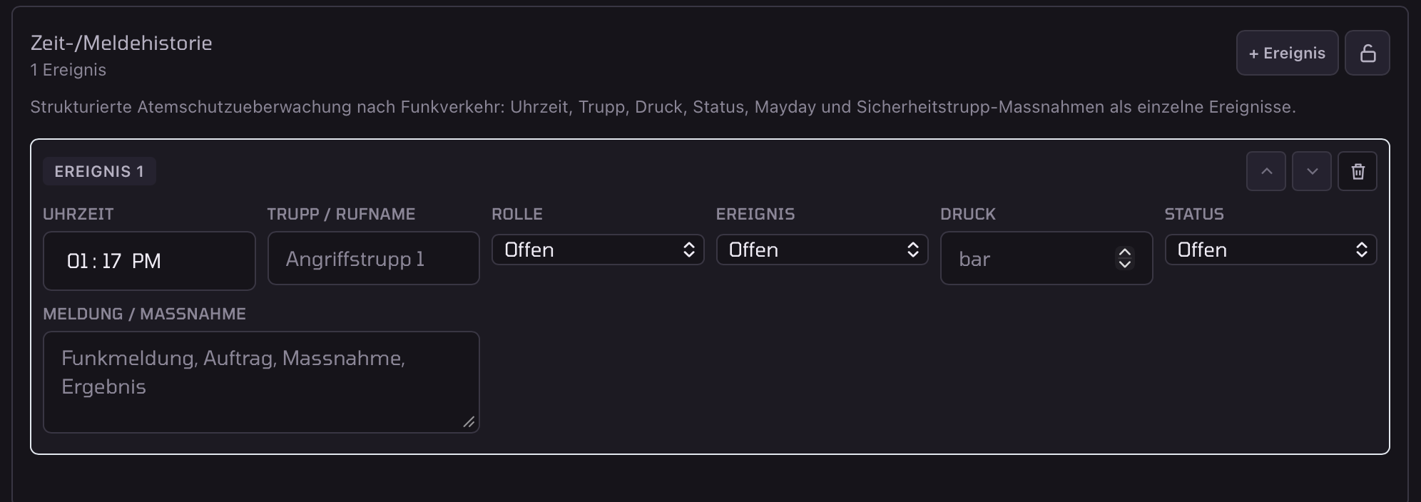 Beispielhafte Zeit- und Meldehistorie für Verlauf und Übergabe