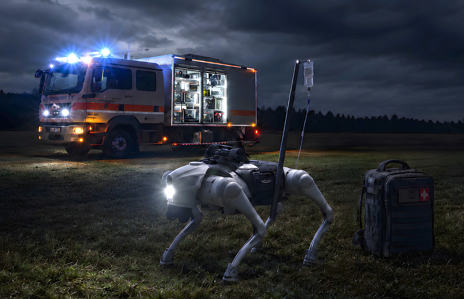 Quadrupedaler Roboter mit Einsatz-Payload in einer DDIL-fähigen Feldlage